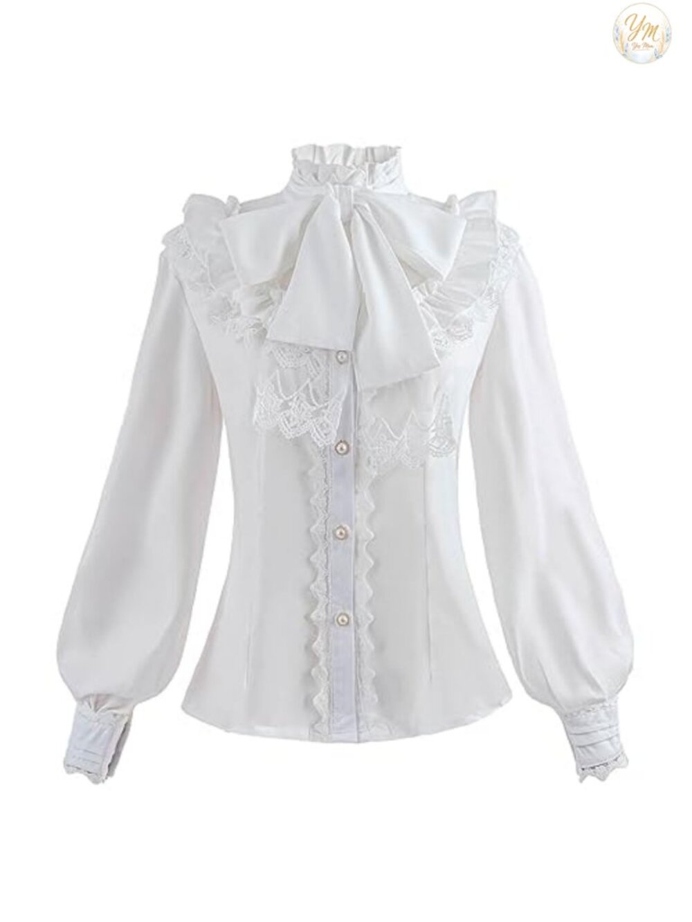 Victorian Blouse Button Down High Neck Long Sleeve Ruffle Lace Bow Tie